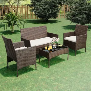 4 Piece Patio Furniture Set, Farmhouse Outdoor Furniture with Cushions and Glass Table, All-Weather Wicker Patio Conversation Sets for Backyard, Garden, Balcony