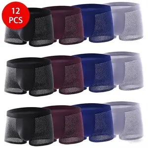 Men's Ultra-Soft Ice Silk 12-Pack Boxer Briefs & Boyshorts, Mid Waist, Breathable, Quick Dry, Moisture Wicking, Seamless Polyester Beige Plain Underwear & Socks, Dad's Gift, Great Value, Casual, Multi-Size, Antimicrobial Boxer Briefs, Seamless Briefs
