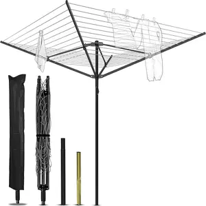 Outdoor Umbrella Drying Rack, 12 Lines 165 Feet Umbrella Clothesline Outdoor Dryer, 4 Arm Steel Frame Adjustable Height Retracting Collapsible Clothes Drying Rack for Backyard