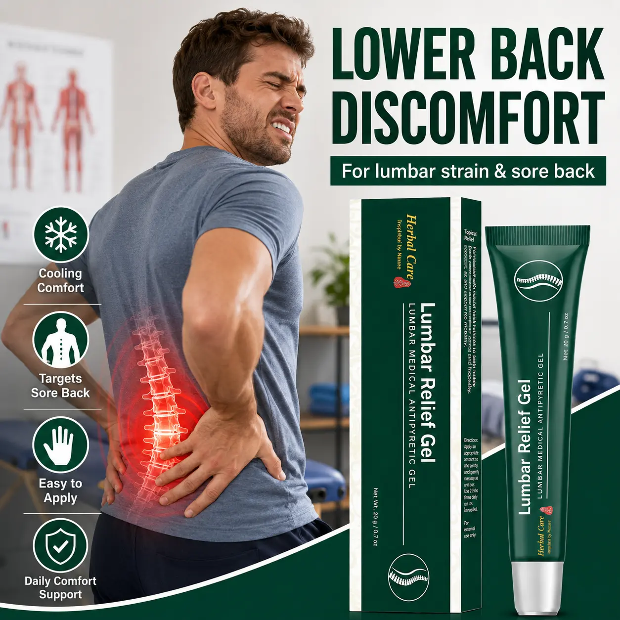 Lumbar pain relief repair gel targets spine pain caused by cold exposure and overexertion, relieving deep muscle soreness in the lower back. It absorbs easily and helps reduce pulling pain during turning and bending while working.