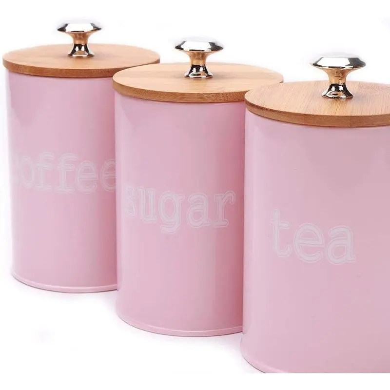 3-Piece Pink Metal Container Food Storage Jars with Bamboo Lids - Airtight, Dustproof, Food-Safe Re-Sealable Kitchen Storage Solution for Pantry, Countertop Decor, Valentine's Day Gift