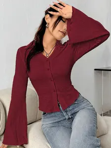 Women's Plain Collar Button Front Bell Sleeve Tee Blouse, Casual Long Sleeve T-shirt for Spring & Fall, Women's Clothing for Daily Wear