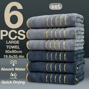 6pc Luxury Coral Fleece Towel Set, Premium Bath Towels, 6 Large Towels 50x90cm, 300gsm, Super Soft, Highly Absorbent, Fast Drying, Gold Embroidery