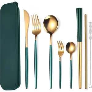 8 count Stainless Steel Flatware Set Portable  Cutlery Set Travel Utensils Set Including Chopsticks  Fork Spoon Straws Cleaning Brush Dishwasher Safe (Green Golden)