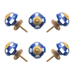 Blue & White Checkered Ceramic Knobs (Set of 6), Antique Brass Base by CDNY