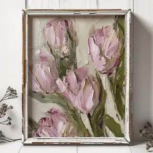 Pink Tulips Oil Print Flowers Painting Neutral Wall Art Farmhouse Floral Wall Decor | Unframed N