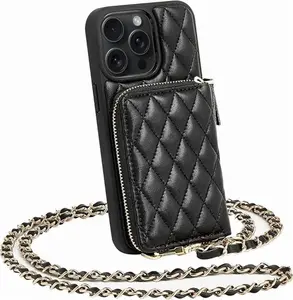 Quilted Zipper Phone Case with Card Slot For Apple iPhone 15 Pro Max (2023) Crossbody Wallet Case - Black
