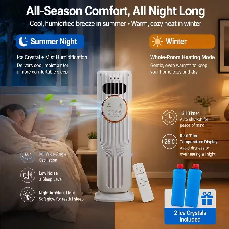 2026 New White Rechargeable Air Cooler-Heater Combo, Ice Crystal Cooling Fan with Mist Humidifier, 2 Ice Packs Included - Clip-On Handheld Personal Home Appliance for Bedroom, Office, Cooling/Heating evaporative