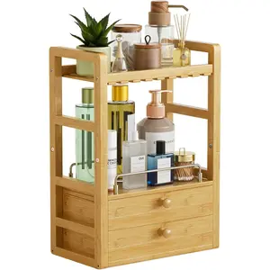 Bamboo Countertop Organizer, 2-Tier Makeup Organizer with 2 Drawers, Organizer Coffee Matcha Station, Shelf for Office