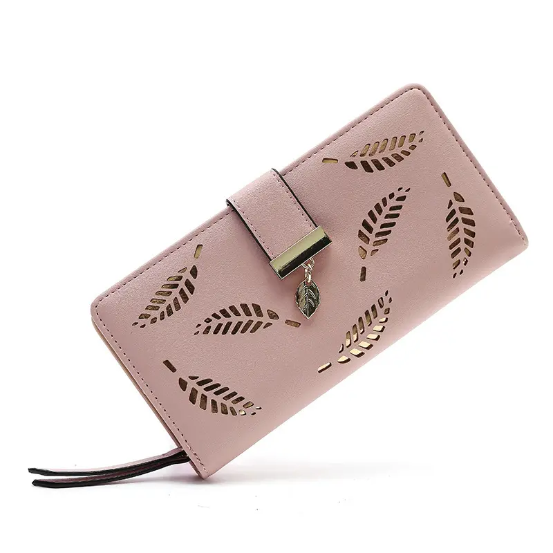 BIGWIG Women's PU Leather Clutch, Basic Bifold Wallet Card Holder with Leaf Cutouts, Multi-Compartment Long Zip Flap Pouch