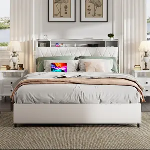 Full Size Bed Frame with Ergonomic Headboard, Full Platform Bed Frame with Outlets & Charger, Full Bed Frame with Storage Shelf, Bed Frame Full Size, Noise-Free, No Box Spring Needed