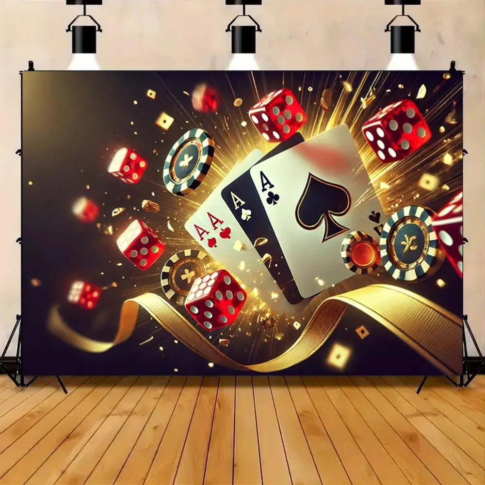 1PC,2D Flat Casino - themed Backdrop, Poker Dice Chips Party Decoration Curtain, Birthday Party Photography Prop, Festival Event Decoration Background, Party Scene Layout Backdrop, Banners, Polyester Fabric,summerwins