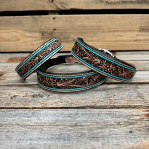 Turquoise Floral Genuine Leather Padded Dog Collar #FKDC1