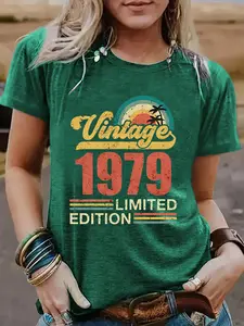 Women's Vintage 1979 Graphic Print Round Neck Tee, Casual Fashion Short Sleeve Fitted T-shirt for Summer, Ladies Clothes Womenswear for Everyday Wear