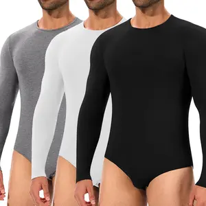 Men's Long Sleeve Bodysuit - Slim-Fitting Viscose Spandex Blend in Black White Deep-Grey - Breathable Comfy Underwear with Elastic Binding - Classic Style for Sleepwear & Base Layer Menswear Briefs Crew Neck Jumpsuits Stretchy Shapewear Overalls Rompers