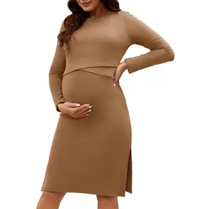 INSPIRE CHIC Women's Fleece Maternity Dress Long Sleeve Round Neck Bodycon Midi Pregnancy Dress XX-Large Brown