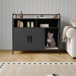 Modern Cat Litter Box Enclosure with Metal Frame - Dual Storage Shelves, Hidden Cat Litter Cabinet, Indoor Cat House, Large Covered Side Table Design