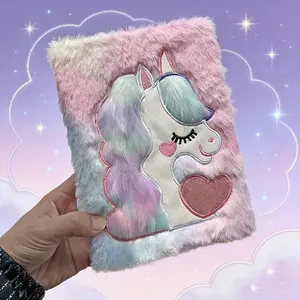 Chinsikol A5 Cute Rainbow Horse Plush Notebook, Girls' Fluffy Diary Journal, Kawaii Stationery Gift, Fuzzy Notebooks
