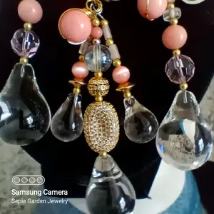 Pink Coral Waterfall Necklace with Crystals, Rose Quartz and Glass from the Dew Drop Collection Handmade by April Tee