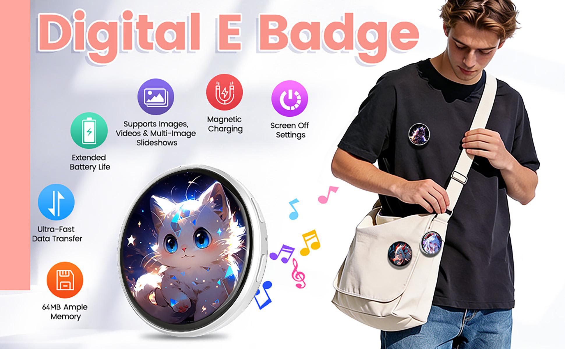 Customizable Smart Digital Display Badge (E-Badge) with IPS Touchscreen, Bluetooth Photo/GIF Upload, Wearable Portable Screen Pin, 8 Hours Battery, Perfect for Self-Expression & Fashion