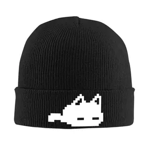 S&T Omori Mewo Skullies Warm Elastic Knitted Hat - Black Pixel Art Cat Pattern, Unisex Autumn Winter Outdoor Casual Headwear, Valentine's Day Ramadan Carnival Gift, Fun Design, Hand Washable