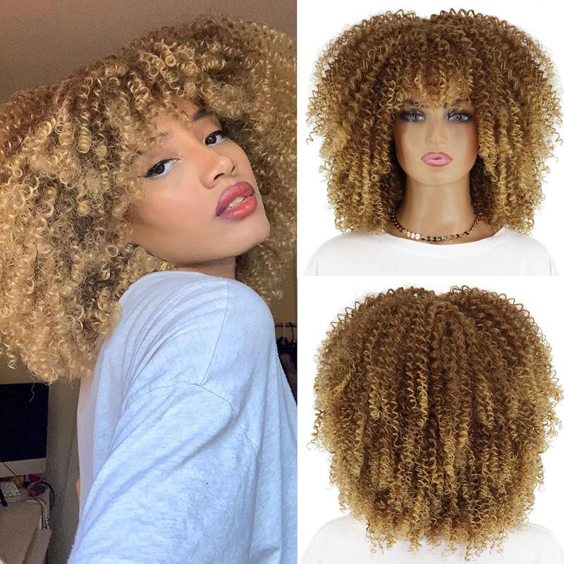 Xinran Blonde Curly Afro Wigs for Black Women, Blonde Kinky Curly Wig With Bangs, Synthetic Heat Resistant Fiber Afro Blonde Curly Wig for Daily Use
