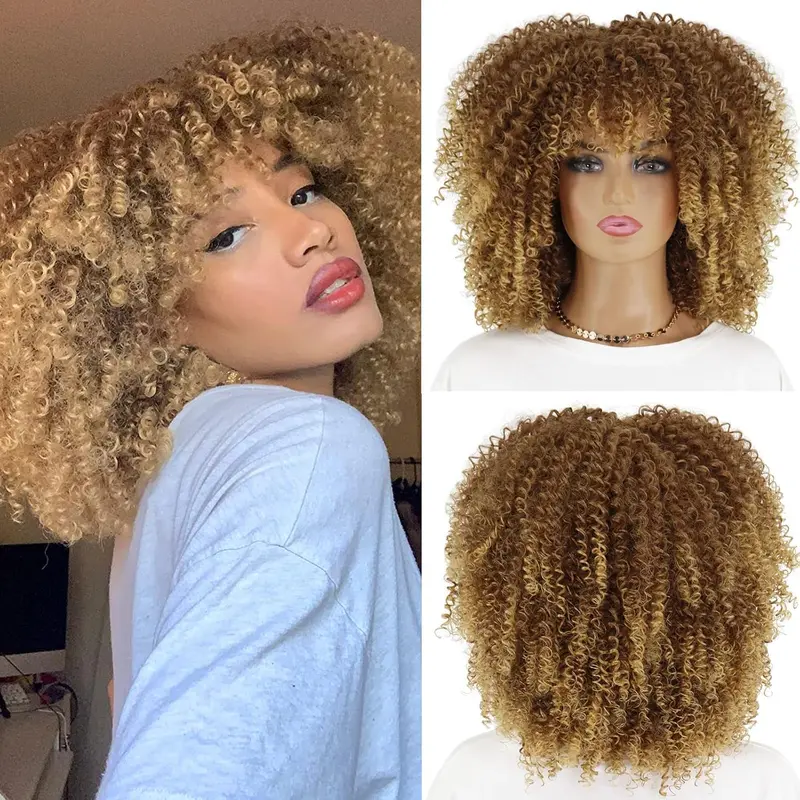 Xinran Blonde Curly Afro Wigs for Black Women, Blonde Kinky Curly Wig With Bangs, Synthetic Heat Resistant Fiber Afro Blonde Curly Wig for Daily Use
