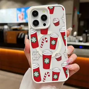 Stylish Christmas Cup Celebration Transparent Premium Magnetic Ring Wireless Charging Full-Wrap Shockproof Thickened Hard Case for Iphone 16/15/14/13/12/11/X/Xs/Xr/Mini/Plus/Pro/Max - an Elegant Gift Option SHLP0689