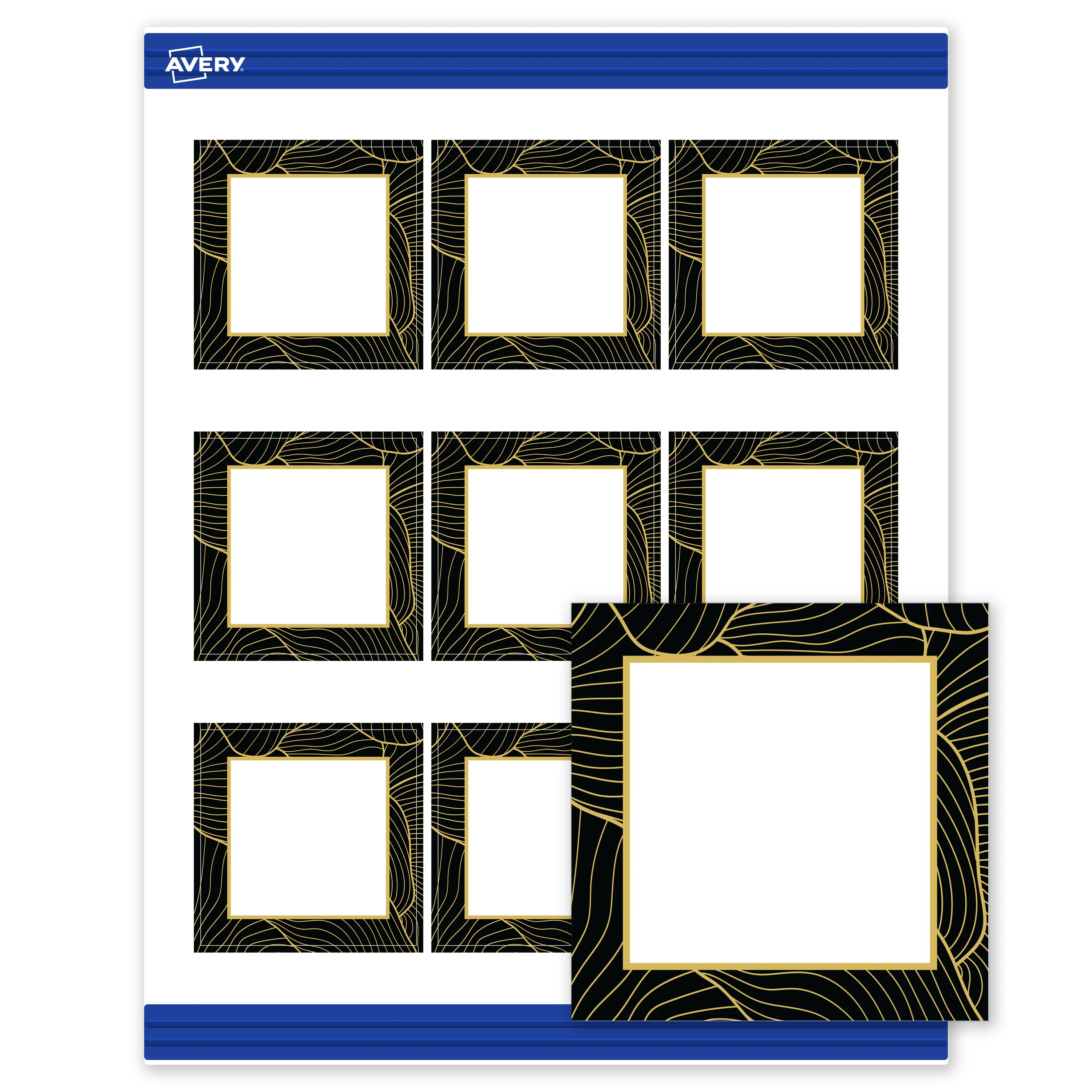 Avery Customizable Square Business Cards, Sure Feed Technology, Pre-Printed Black Border with Gold Pattern, Matte White, 2.5" x 2.5", Laser & Inkjet Compatible, 90 Total Cards