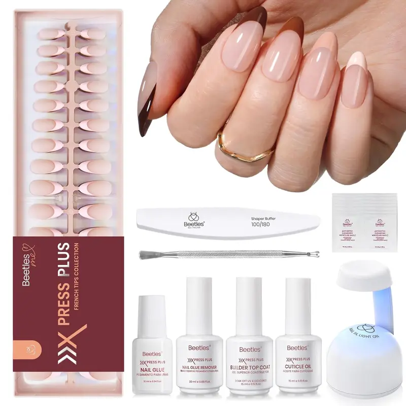 Beetles Gel Nail Polish Set X Press Plus Multicolor Kit - 7 Colors, 224Pcs Cappuccino Mousse French Almond Tips, Glue, Remover, Top Coat, Nail Lamp - All-in-1 DIY Manicure Set for Office Selfcare, Gift for Women