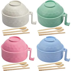 4 Sets Microwave Ramen Cooker Set 33 oz Quick Ramen Bowl Set Microwave Noodle Cooker with Handle Noodle Bowl with Spoon Chopsticks Fork College Dorm Room(Fresh Colors)