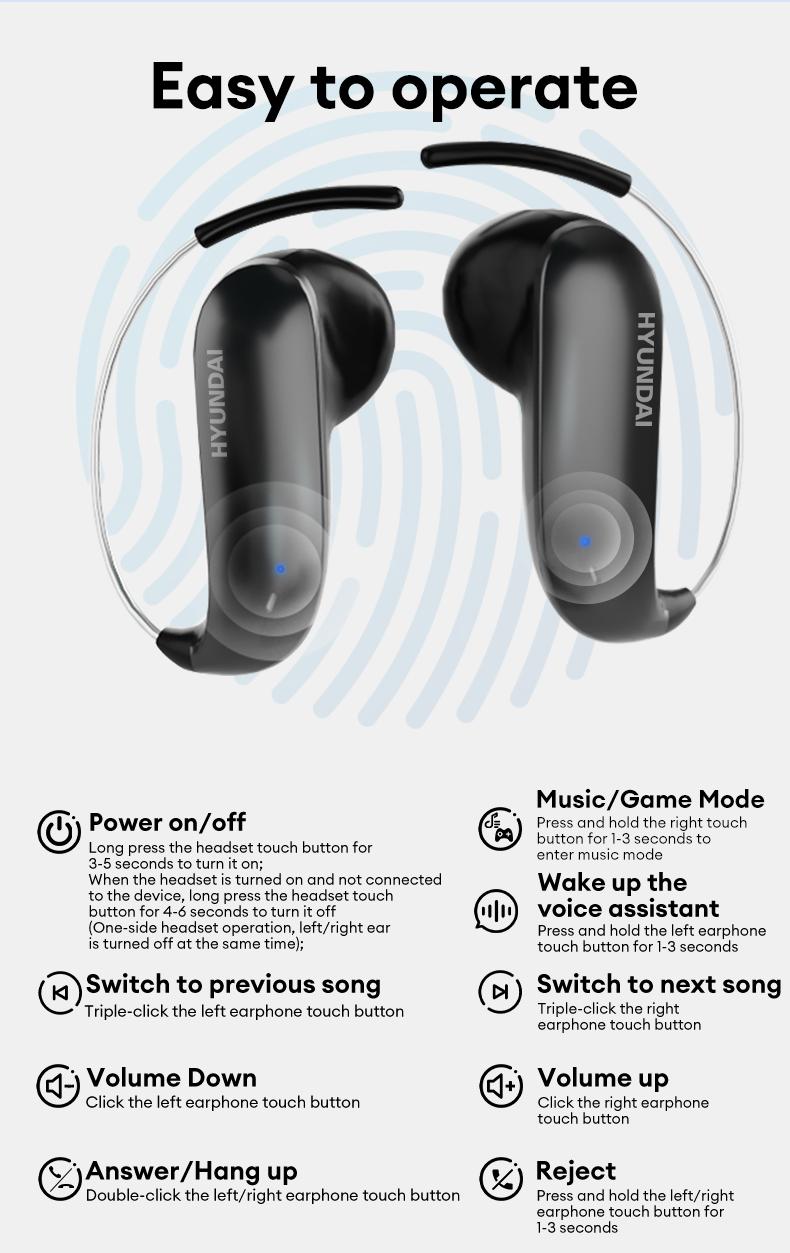 HYUNDAI D78 Earhook Bluetooth Earphone, with a new lightweight and micro in ear titanium alloy ear hook design, paired with a transparent and stylish headphone compartment, is very suitable for fashionable young people, work, leisure, sports use, etc