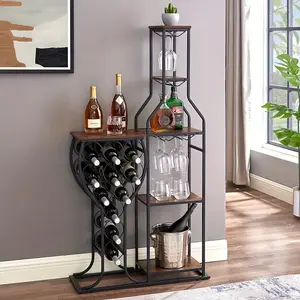 11-Bottle Wine Rack, 5-Tier Freestanding Wine Rack, Wine Storage with Hanging Wine Glass Holder and Storage Rack, Wine and Wine Storage Room Home Bar Kitchen, Restaurant