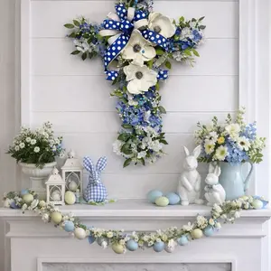 Blue & White Floral Cross Wreath Memorial Headstone Cross Easter Spring Faith Decor for Religious Settings