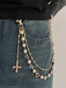 Silver Gold Cross Pants Chain for Men Trendy Pearl Jean Chains for Women Gold Biker Wallet Pocket Chain for Pants Colorful Heart Rhinestone Jean Chains Punk Hip Party Music Festival Accessories Heart Design Chain