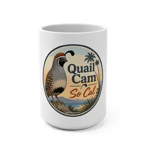 Quail Cam So Cal Mug, 15oz ceramic coffee cup | California quail palm trees