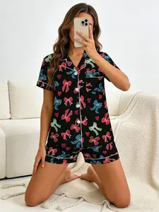 Women's Short Sleeve Button Down Top and Shorts Pajama Set, Spring Summer Wear, For American Retro Sweet Cool Girls, Black Base Vintage Bow Heart Print, Classic Lapel Collar, Loose Straight Fit, Comfortable For Home & Outings