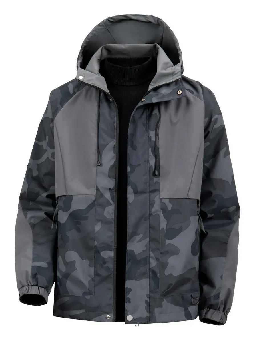 Men's Loose-Fit Olive Camo Color Block Polyester Outdoor Tactical Hooded Rain Jacket - Splash-Proof, Dual Drawstring Hood, Anti-Drop Side Zipper Pocket, Wrinkle-Free, Portable Travel Layering Lightweight Outerwear, Pants, Natural