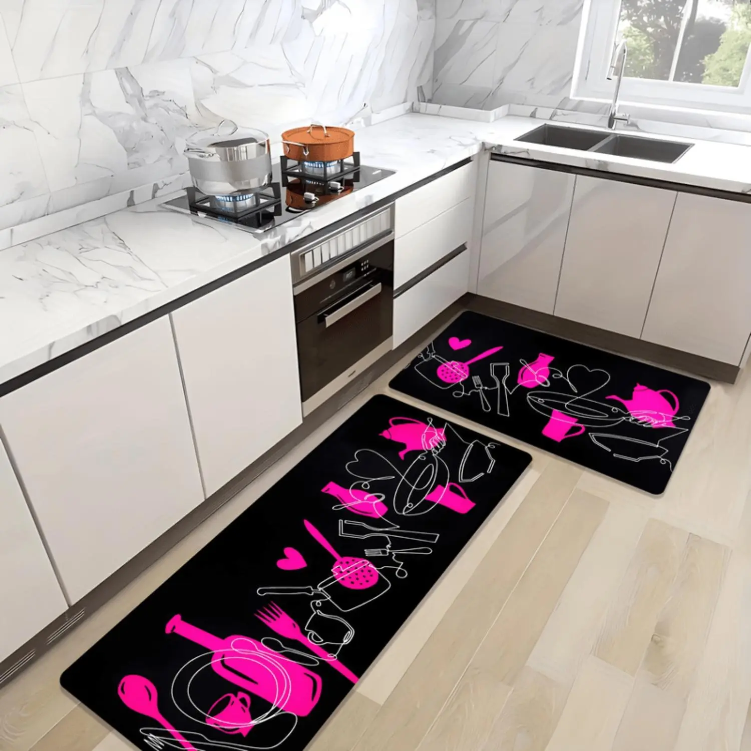 Premium Flannel Kitchen Rug - Modern abstract black and pink line art, non-slip machine washable mat for living room, bedroom and home decor.