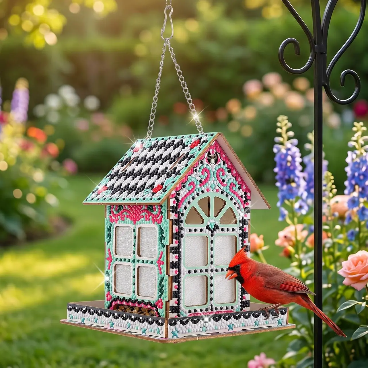 DIY Diamond Painting Hanging Bird Feeder Kit, Wooden Cottage Shape Sparkle Diamond Art Bird House, Handmade Craft Ornament for Outdoor Backyard Garden Lawn Patio Decor, Bird Watching Gift for Nature Lovers