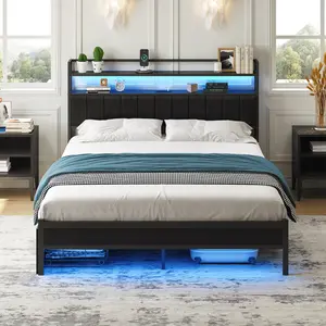 CollaredEagle Twin/Full Size Metal Bed Frame with Fabric Upholstered Headboard, LED-Accented Lights, Charging Station, Storage Shelves, Heavy-Duty Slats, No Box Spring Needed, Noise-Free, Easy Assembly, Full Size Bed Frames