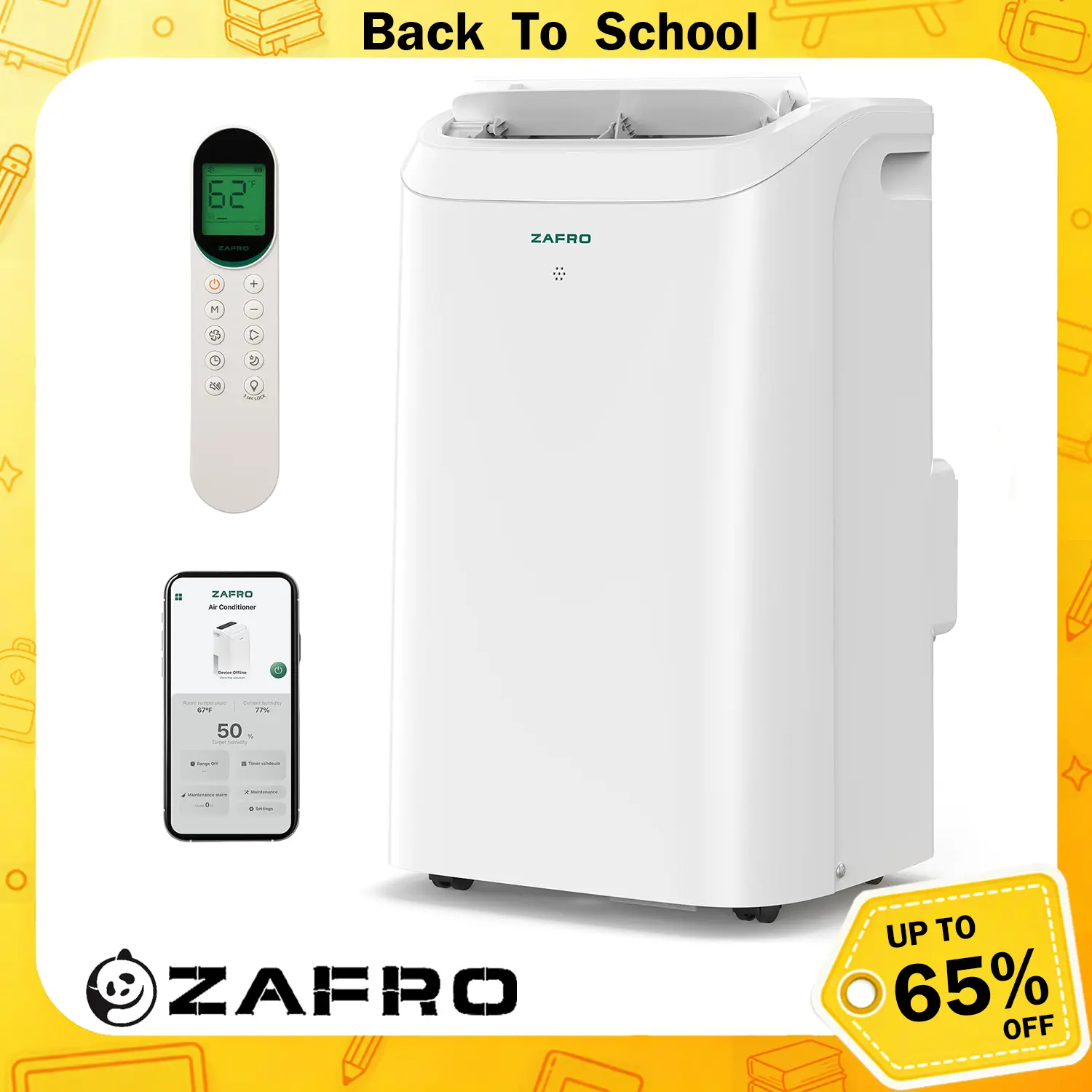 ZAFRO (44dB) 10K/12K/14K BTU（6K/8K/10K SACC) Portable Air Conditioners with WiFi, Ultra-Quiet, R32 Eco-Friendly,Fast Cooling in 30s, No Drainage Needed, Filter Cleaning Reminder, 360° Wheels for Home/Office