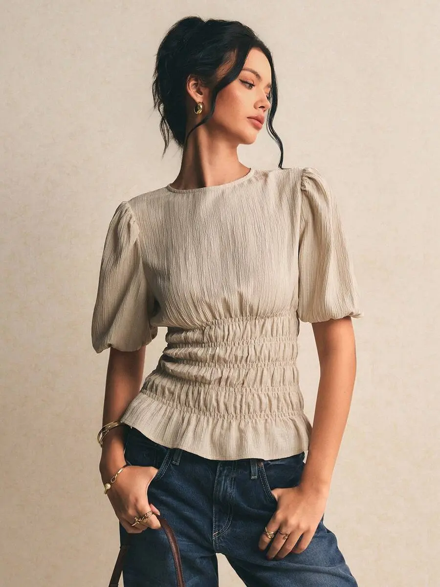Women's Beige Round Neck Puff Sleeve Smocked Waist Peplum Blouse,Elegant With And Short Sleeves,Textured Pleats,Summer Tops For Women Tea Party