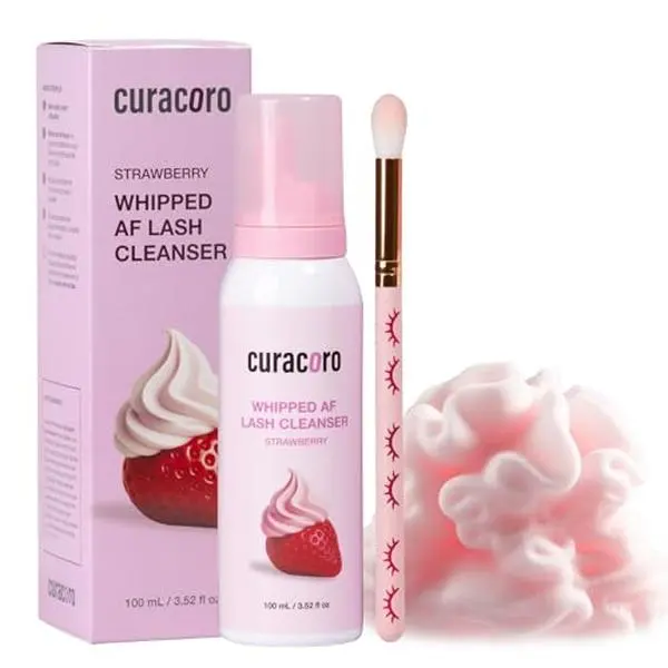 CURACORO 100ml Whipped Lash Shampoo 3X Concentrated Lash Extension Cleanser | Strawberry Scented, Deep Cleansing Lash Foam Cleanser for Sensitive Skin, Long-Lasting, Salon & Home Use