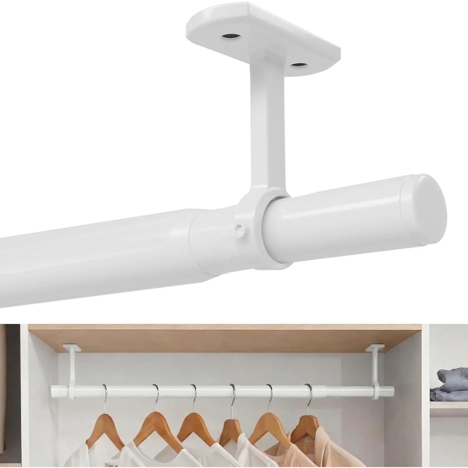 Closet Rods for Hanging Clothes Ceiling or Wall Mounted, 17–48 Inch Closet Rod Heavy-Duty Stepless Telescopic Clothes Hanging Rod for Closet Kitchen Laundry Room Living Room Balcony (Wh