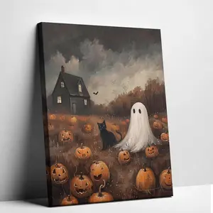 Gothic Halloween Canvas Art Spooky Ghost Black Cat Pumpkin Poster Wall Decor Unique Artwork for Living Room Bedroom Bar