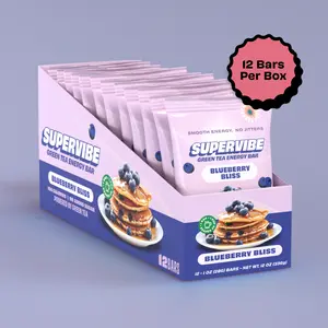 Supervibe Caffeine Energy Bars for Energy & Calm Focus - No Added Sugar with Green Tea Caffeine, L Theanine and Superfoods - Blueberry Bliss Flavor (12 Bars)