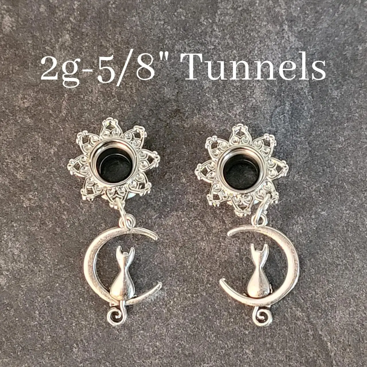 Pair 2g 0g 00g 1/2 9/16 5/8 Inch plug Cat Moon Dangle Screw Back Silver Steel Tunnel Gauges Ear Stretching jewelry drop formal alt unique
