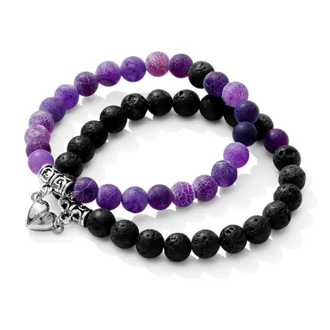 JEXIVA Unisex 2Pcs Natural Magnetic Heart Couples Bracelets - 7" Stretchable Stone Beads Cord, High-Quality Round Stones, Interlocks When Close Together, Matching Colors, Refined Casual Daily Style, Anniversary Gifts (Choking Hazard Magnets)