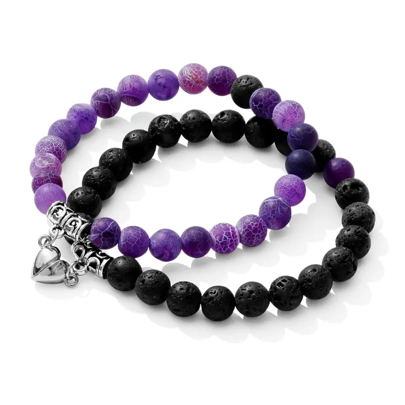JEXIVA Unisex 2Pcs Natural Magnetic Heart Couples Bracelets - 7" Stretchable Stone Beads Cord, High-Quality Round Stones, Interlocks When Close Together, Matching Colors, Refined Casual Daily Style, Anniversary Gifts (Choking Hazard Magnets)